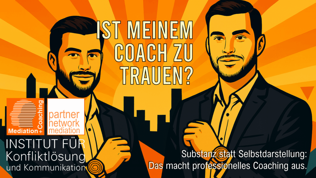 Symbolbild im Pop-Art-Stil: Zwei Männer mit Armbanduhren vor einer stilisierten Stadt und Sonnenaufgang – steht für Vertrauen, Haltung und Professionalität im Coaching.