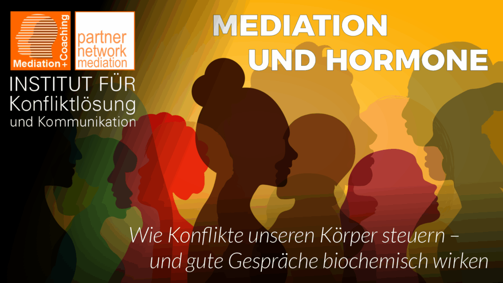 Mehrere farbige Silhouetten von Menschen im Profil symbolisieren Kommunikation und zwischenmenschliche Resonanz. Das Headerbild illustriert, wie Gespräche in der Mediation auf körperlicher und biochemischer Ebene wirken.